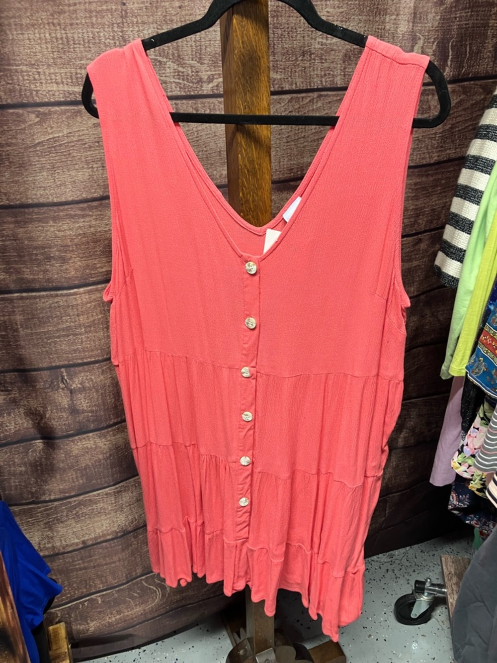 Sleeveless Coral Button-Front Tiered Dress